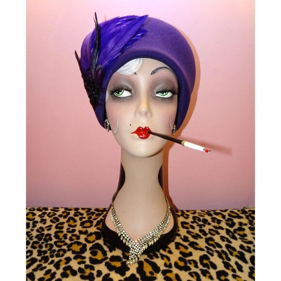 Vintage Mr. Charles Purple Wool Bucket Hat w/ Feathers church hat Kentucky Derby - Picture 2 of 11